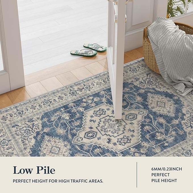 Lahome Oriental Area Rug, 3x5 Washable Rugs for Living Room Non Slip Entry Mat, Vintage Soft Pet Friendly Throw Carpet for Entryway Bedroom Dinning Room Eleanor, Blue