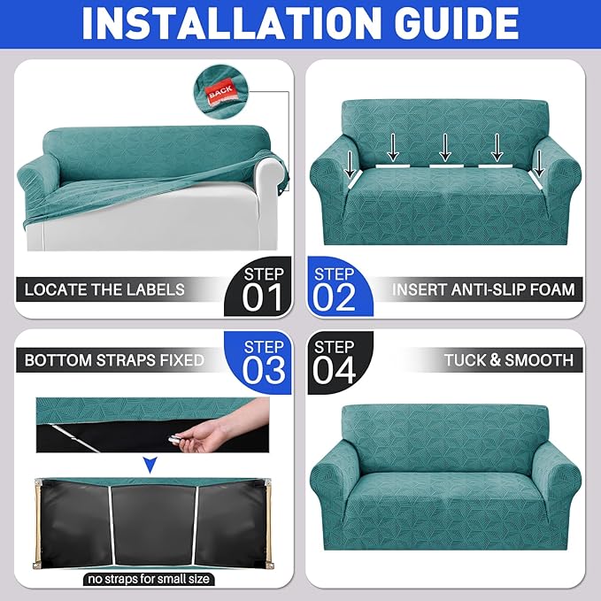YEMYHOM 1 Piece Stretch Couch Covers for 2 Cushion Couch, Jacquard Loveseat Cover with Non-Slip Elastic Bottom, Thickened Slipcover Furniture Protector for Dogs Pets (Medium, Peacock Blue）