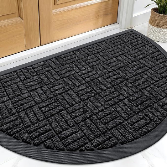 OLANLY Half Circle Door Mat Outside Entrance 29.5x17, Absorbent, Heavy Duty Sturdy Natural Rubber Doormat Indoor Outdoor, Fade Resistant, Non-Slip Backing Low Profile Floor Mat for Entryway, Black