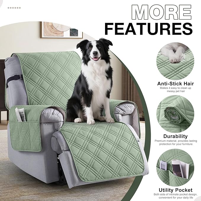 TAOCOCO Waterproof Recliner Chair Cover, Non Slip Oversized Recliner Covers for Recliner Chair with Pocket, Reclining Chair Cover Furniture Protector for Kids, Dogs(28'', Sage Green)