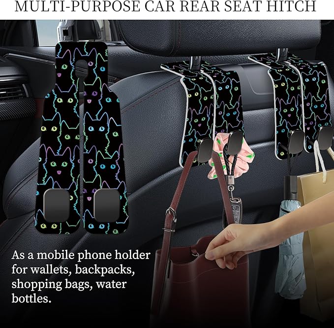 PU Leather Car Seat Hook, Storage Headrest Hanger, Cute Car Backseat Organizer, Car Hooks for Purses and Bags Neon Cat Eyes