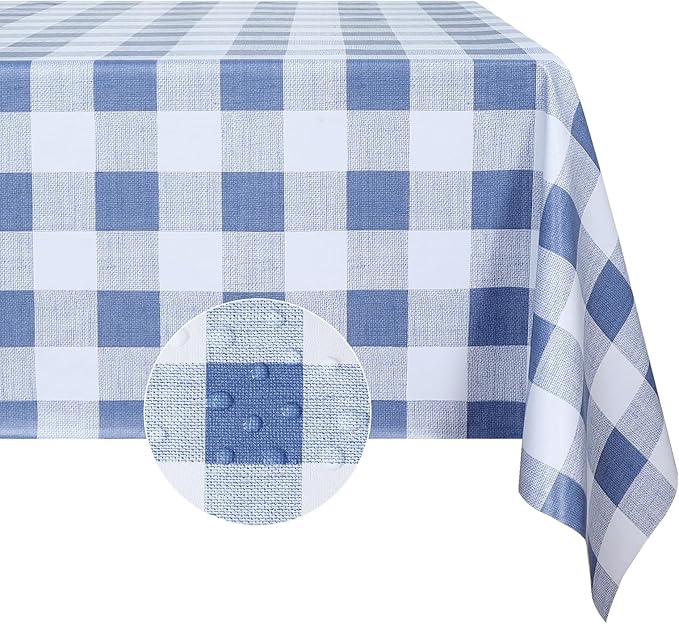 Romanstile Gingham Square Plastic Tablecloth, 100% Waterproof Checkered PVC Table Cloth, Heavy Duty Vinyl Table Cover for Dining, Camping, Picnic, Outdoor - 54 x 54 Inch, Light Blue and White