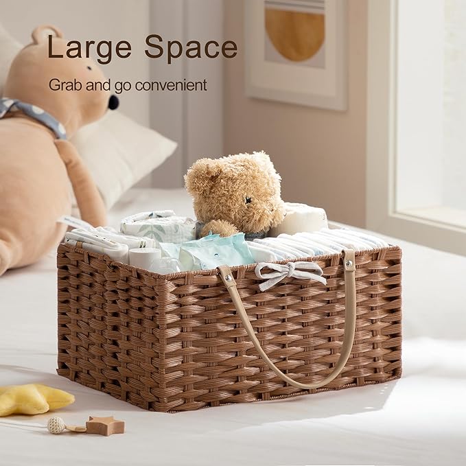 HBlife Diaper Caddy Organizer, Washable Waterproof, Portable Plastic Wicker Woven Basket with Divider, Nursery Diaper Station, Baby Shower Gifts Basket & Car Organizer