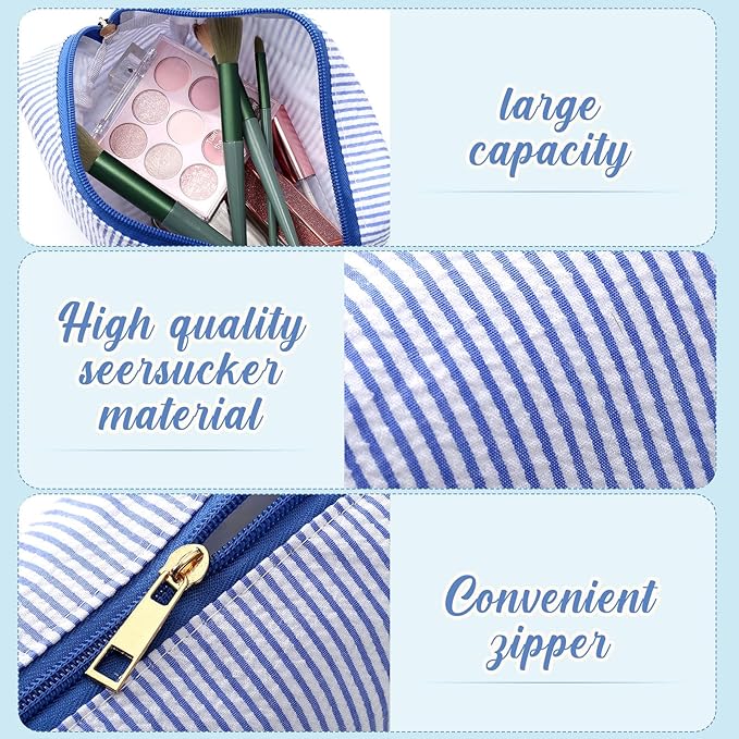 Sanwuta 12 Pcs Seersucker Cosmetic Bags Bulk Seersucker Makeup Bags Stripe Women Pouch Large Preppy Storage Pouch Toiletry Travel Organizer for Wedding Bridesmaid Bride Favor Mom Gift (Lake Blue)