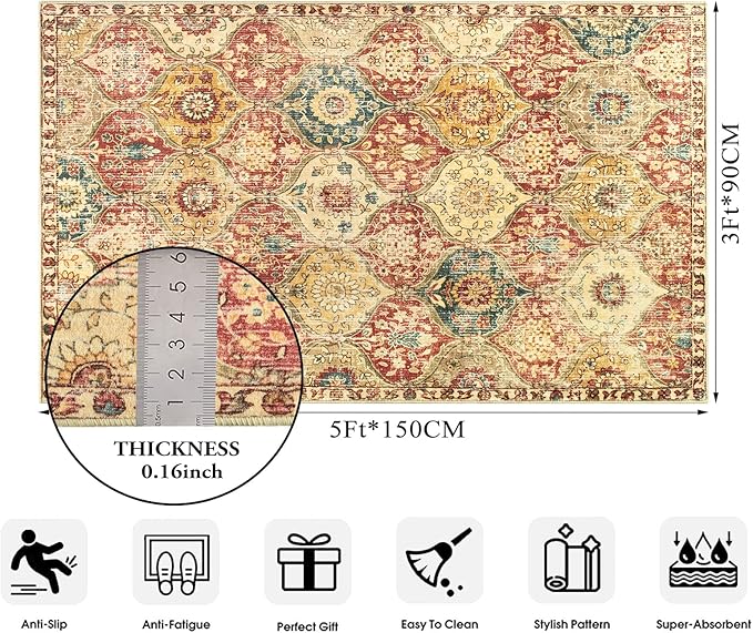 Lahome Moroccan Trellis Washable Small Area Rug, 3x5 Area Rug for Bedroom Living Room, Non-Slip Oriental Accent Throw Carpet for Kitchen Office Entryway Bathroom Office Elise, Red/Orange