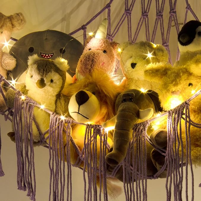 RelaxScene Stuffed Animal Hammock Corner with LED Light - Toy Storage Hammock Plushie Net Organizer - Teddy Bear Stuffy Hammock - Purple Nursery Decor Baby Kids Bedroom Nursery Furniture