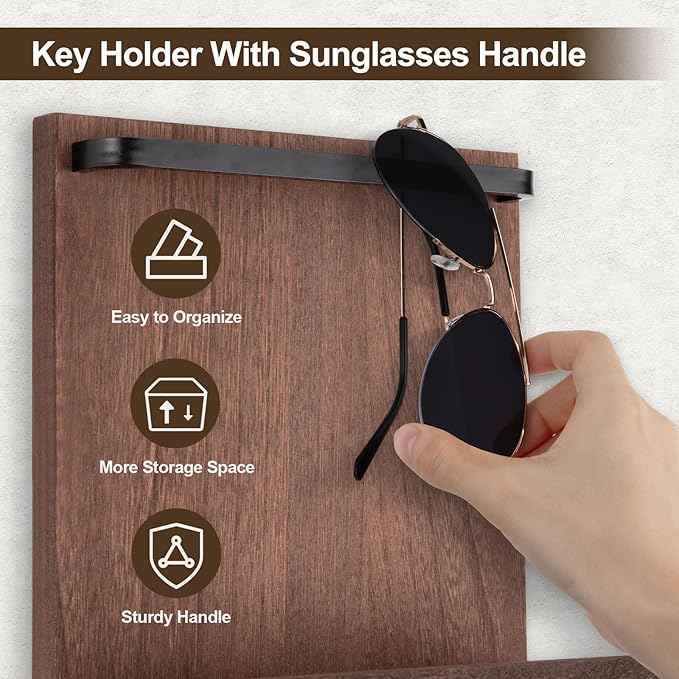 Lucundm Key Holder Wall Mount, Key Holder for Wall with 4 Hooks, Farmhouse Key Hanger Holds Dog Leash, Sunglasses, Decorative Mail Organizer Home Decor (Brown)