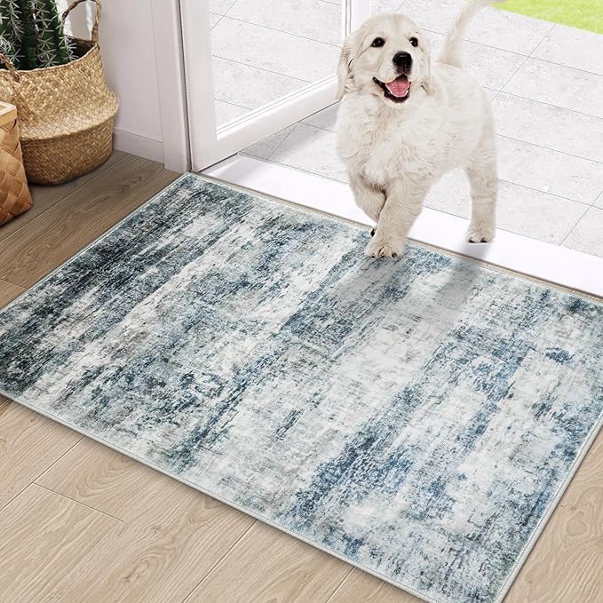 COMSLE Door Mat, Front Door Rug Indoor for Entrance Faux Wool Absorbent Non Slip Modern Throw Rug for Entryway Hallway Muddy Paws - Pet Friendly, 20x32 Inches,Worn Blue Machine Washable