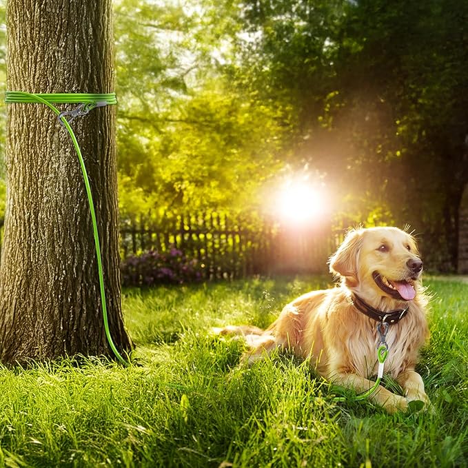 Tresbro 20FT Reflective Tie Out Cable for Dogs Up to 250 Pounds, Steel Wire Dog Leash Cable with Stainless Rotatable Buckle, Lightweight and Enduring, Dog Chains Outside for Outdoor Yard, Green