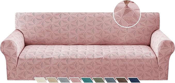 YEMYHOM 1 Piece Stretch Oversized Couch Covers for 4 Seat, Jacquard Extra Large Sofa Cover with Non-Slip Elastic Bottom, Thickened Slipcover Furniture Protector for Dogs Pets (X-Large, Pink）