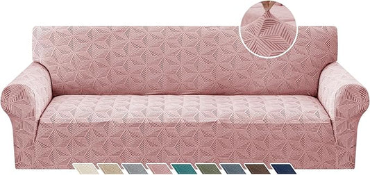YEMYHOM 1 Piece Stretch Oversized Couch Covers for 4 Seat, Jacquard Extra Large Sofa Cover with Non-Slip Elastic Bottom, Thickened Slipcover Furniture Protector for Dogs Pets (X-Large, Pink）