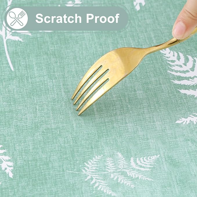 misaya Rectangle Waterproof Vinyl Table Cloth, Wipeable Tablecloth with Flannel Backing, Plastic Table Cover for Dinner, Picnic, Indoor and Outdoor (Light Green Leaves, 60" x 84")