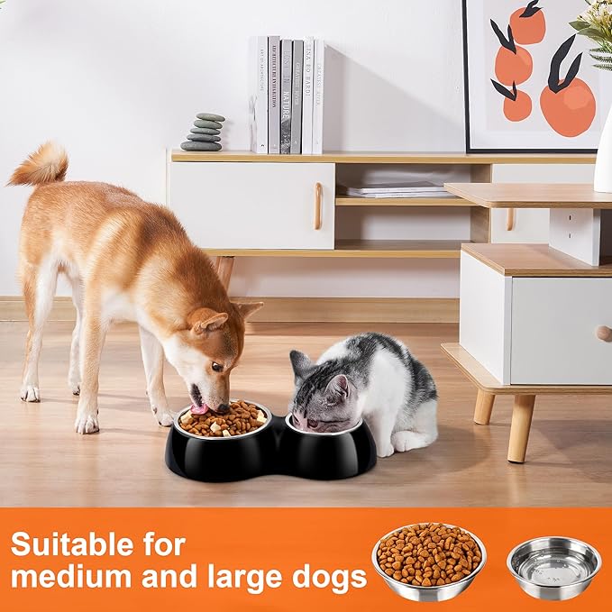 PetVillage Double Dog Bowls Set – Non-Slip Pet Food & Water Dishes with Resin Stand, Includes Small (1 Cup) & Medium (2 Cups) Bowls – Ideal for Puppies and Cats –Black