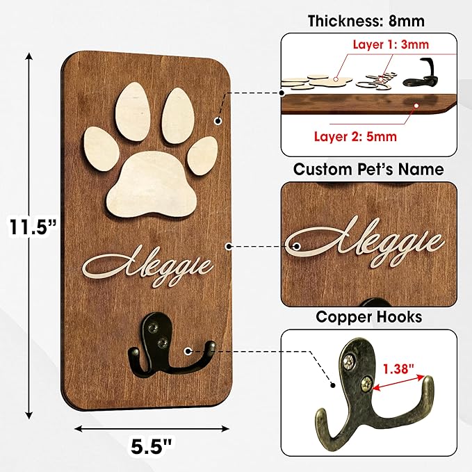 VINARTSVN Personalized Dog Leash Holder Wall Mount, Pet Harness Hanger, Dog Collar Organizer for Entryway, Key Rack for Wall Decorative, Memorial Cat Leash Holder for Wall, Pet Loss Gifts, Home Decor