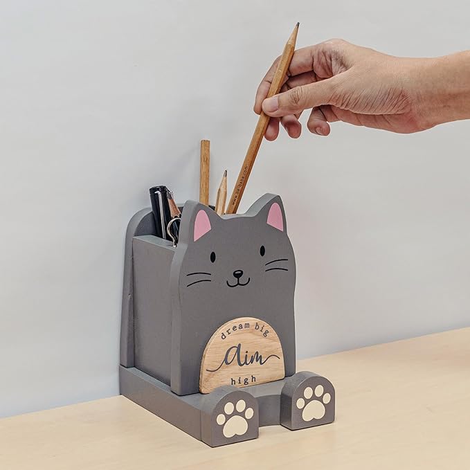 I'm Solid Wood Multipurpose Eyeglass Phone Pen & Pencil Holder Stand Stationery Desk Box Organizer Accessories Decor,Home Office Desktop Decoration Birthday Graduation Gifts for Cat Lovers (Kitty)