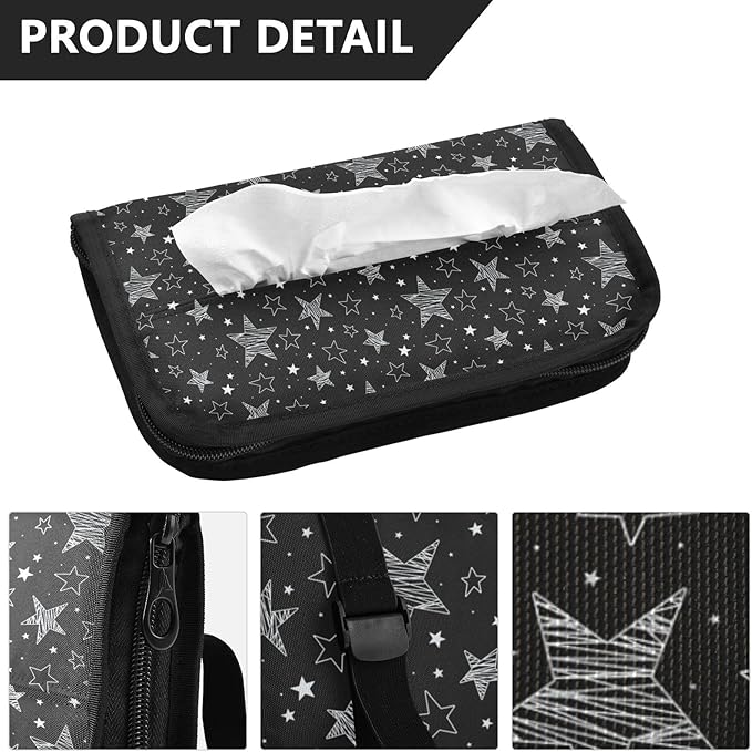 Car Tissue Holder Car Napkin Holder Car Tissue Box Dispenser Storage Case Sun Visor Mask Holder with Adjustable Straps Reusable Refillable Sliver Stars Black
