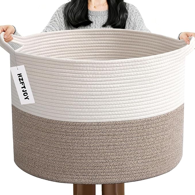 90L Extra Large Woven Cotton Rope Blanket Basket with Handles, Laundry Hamper Storage Bin for Pillows, Clothes, Bedroom and Living Room Organization, White & Brown
