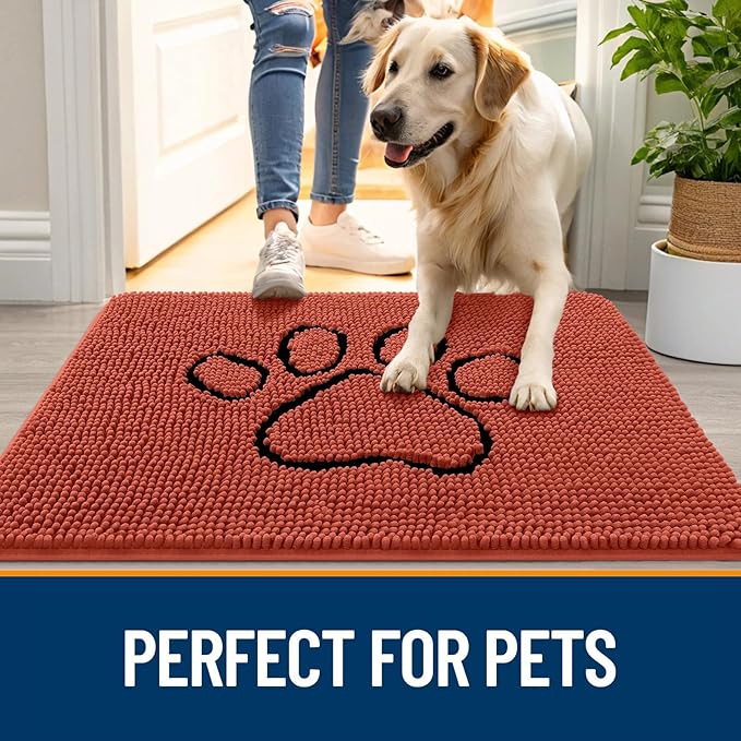 OLANLY Dog Door Mat for Muddy Paws 30x20, Paw Print Design, Absorbs Moisture and Dirt, Absorbent Non-Slip Washable Doormat, Quick Dry Chenille Mud Mat for Dogs, Entry Indoor Entryway Carpet, Maple Red