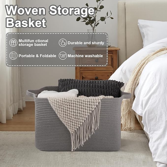 Large Blanket Basket, Blanket Storage Living Room, Rectangle Woven Baskets for Storage Toys, Towels, Dirty Clothes Organizer Bins (Light Grey)