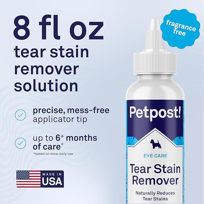 Petpost Tear Stain Remover for Dogs | 8 oz Gentle Dog Eye Cleaner Solution | Safe Dog Tear Stain Remover for White Fur & Light-Coated Breeds | Bleach Free