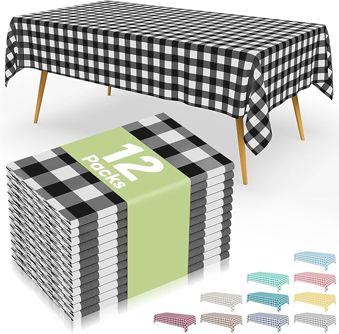 Smiry 12 Packs Gingham Disposable Table Cloth, 54 x 108 Inch Waterproof Plastic Tablecloth, Rectangle Black and White Checkered Table Covers for Picnic, Birthday, Party