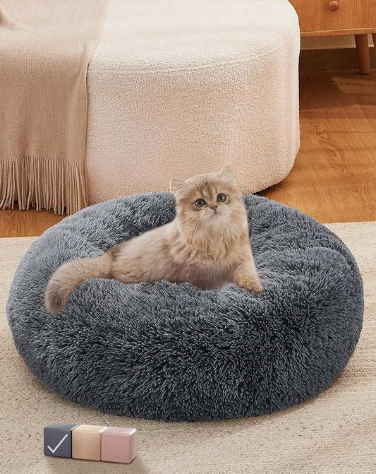 OhGeni Calming Donut Cat Bed Pillow for Small Pets, Machine Washable Removable Cover, Comfort Plush Fluffy Faux Fur with Anti-Slip Bottom, Dogs-Friendly Round Cuddly Design, Gray, 20 inches