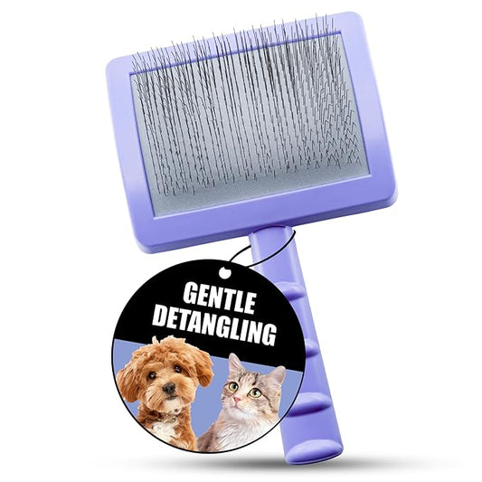 Tauro Pro Line Slicker Dog Brush for Shedding - Detangler for Long or Wavy Hair, Removes Undercoat & Mats - Pet Brush for Dogs & Cat Grooming, Non-Slip Grip, Soft Pin (Size L - Purple)