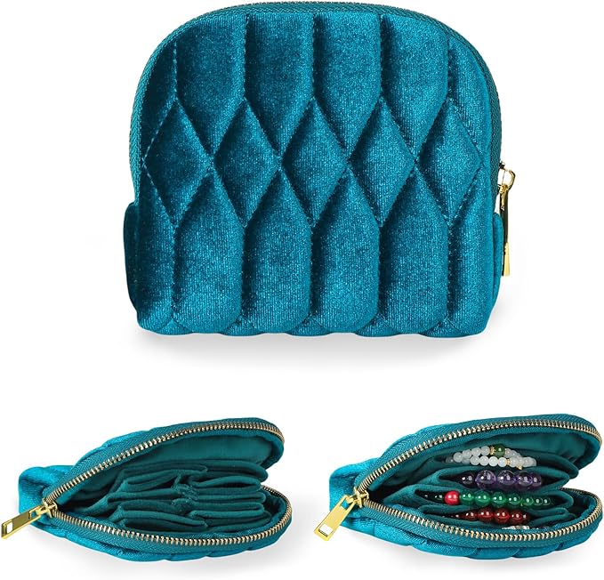 Small Travel Jewelry Case, Mini Travel Jewelry Bag with Zipper, 5-Layer Velvet Organizer Pouch for Bracelet Rings Earrings - Diamond Stitched Velvet Teal Blue