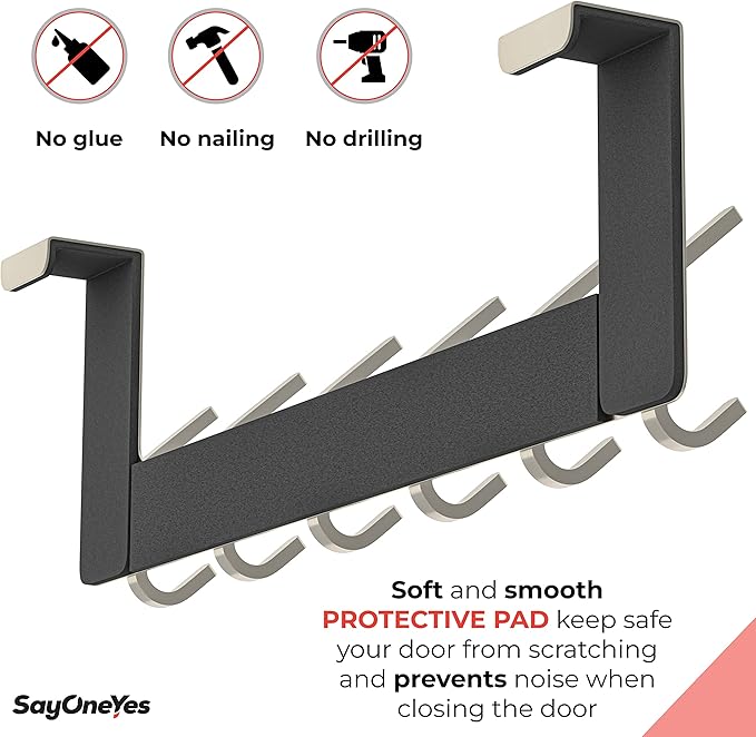 Brushed Nickel Over The Door Hooks – Heavy Duty Stainless Steel Door Hanger with 6 Double Hooks for Hanging Towels, Coats, Robes, Hats, Bags – No Drill Over Door Towel Rack for Bathroom & Bedroom