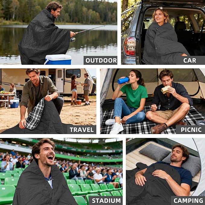 KawaGebo Kamp Outdoor Waterproof Blanket, Foldable Fleece Stadium Blanket for Outdoor Sports Event, Camping, Concerts, Car, Pet, Picnics - Windproof, Wearable, Machine Washable 80" x 58" (Black Check)