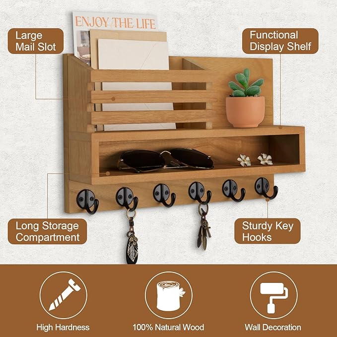 Lucundm Key and Mail Holder Wall Mount, Key Hanger with Long Storage Box and Key Hooks for Coat, Dog Leash, Home Decor Rack, House Accessories, Entry Way Organizer