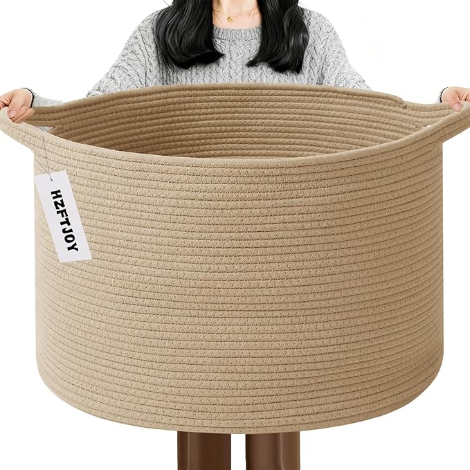 65L Extra Large Woven Cotton Rope Blanket Basket with Handles, Laundry Hamper Storage Bin for Pillows, Comforters,Clothes, Toys, Nursery, Bedroom and Living Room Organization,Camel