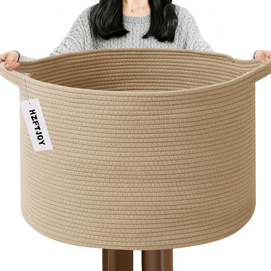 115L Extra Large Woven Cotton Rope Blanket Basket with Handles, Laundry Hamper Storage Bin for Pillows, Comforters,Clothes, Toys, Nursery, Bedroom and Living Room Organization,Camel