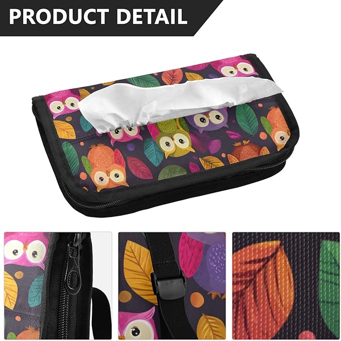 Car Tissue Holder Car Napkin Holder Car Tissue Box Dispenser Storage Case Sun Visor Mask Holder with Adjustable Straps Reusable Refillable Black Owl and Leaves