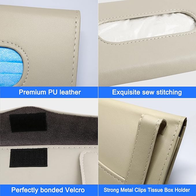 Car Tissue Holder, 2 Pack Sun Visor Napkin Holder, Premium PU Leather, Car Mask Holder for Sun Visor Vehicle, with Tissue Refill, Black&Beige
