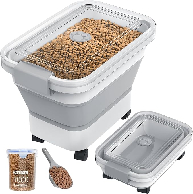 DDMOMMY 20-23 Lbs Dog Food Storage Container, Collapsible Dog Food Container with Transparent Airtight Lid,Multifunctional Pet Food Storage Container for Dog Cat,Rice,Flour,Pet Food Scoop and Dog Bowl
