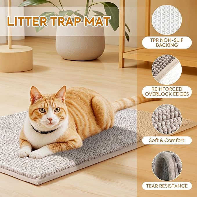 Pieviev Chenille Cat Litter Mat for Litter Box, 48"x36" Soft Ultra Absorbent Mat, Waterproof & Non-Slip, Easy to Clean Litter Trapping Mat for Indoor Cats, Gray