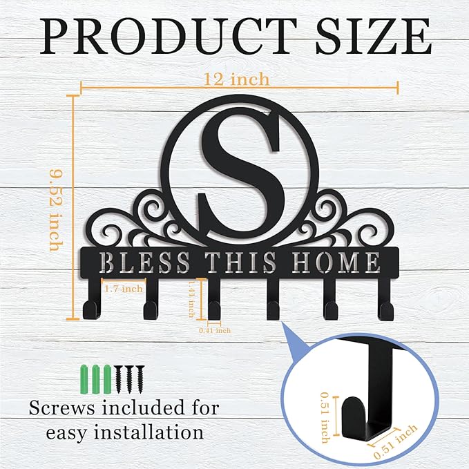 Metal Letter S Key Holder for Wall, Decorative Metal Key Holder Wall Mount, Key Hooks Coat Rack Monogram Wall Decor, Perfect for Bathroom, Living Room, Kitchen, Anniversary Housewarming Gift