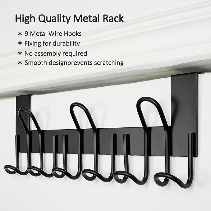 SKOLOO Over The Door Hooks - for Doors up to 1-3/4'' Thickness, Metal Door Hanger with 9 Hooks, Over The Door Hanger for Coats, Hats,Towels, Black