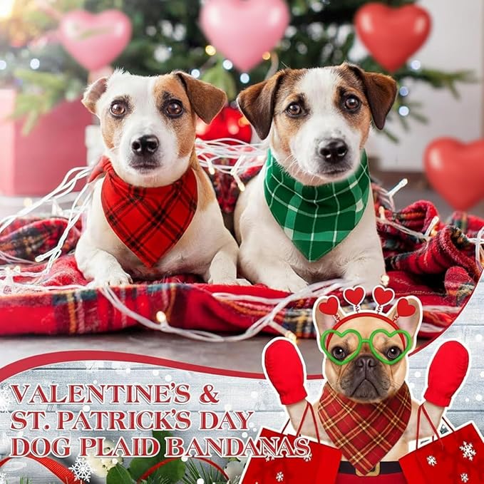 Abbylike 100 Pcs Valentine's & St. Patrick's Day Dog Bandanas Bulk Red & Green Plaid Bandanas for Dogs Triangle Kerchief Bib Scarf for Pet Holiday Costume Photo Props Accessories (19.7 x 13.8 x 13.8)