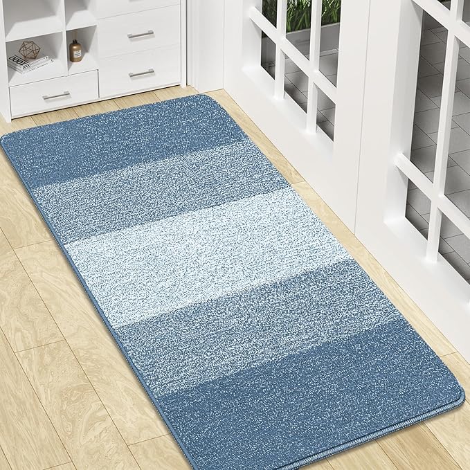 Kitinjoy Indoor Outdoor Door Mat, 47x20 Non-Slip Absorbent Dirt Trapper, Low-Profile Washable Inside Entrance Front Floor Mat, Sturdy Soft Entry Doormats for Entryway, Light Blue