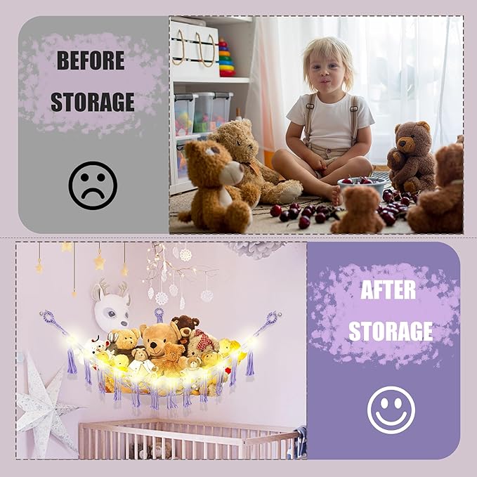 CERETIA Stuffed Animal Hammock with LED Light, Large Stuffed Animals Storage Corner Plushie Net for Kids Room Decor, 2 Packs Purple