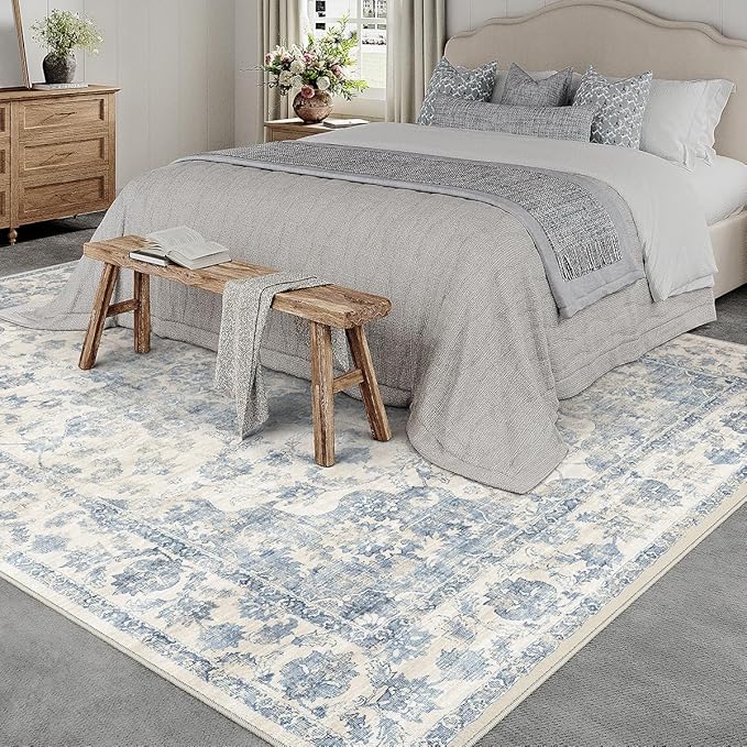 10x12 Neutral Area Rug Blue Vintage Living Room Bedroom Washable Carpet Non-Slip Soft Low Pile Farmhouse Indoor Large Throw Rug for Dining Room Office