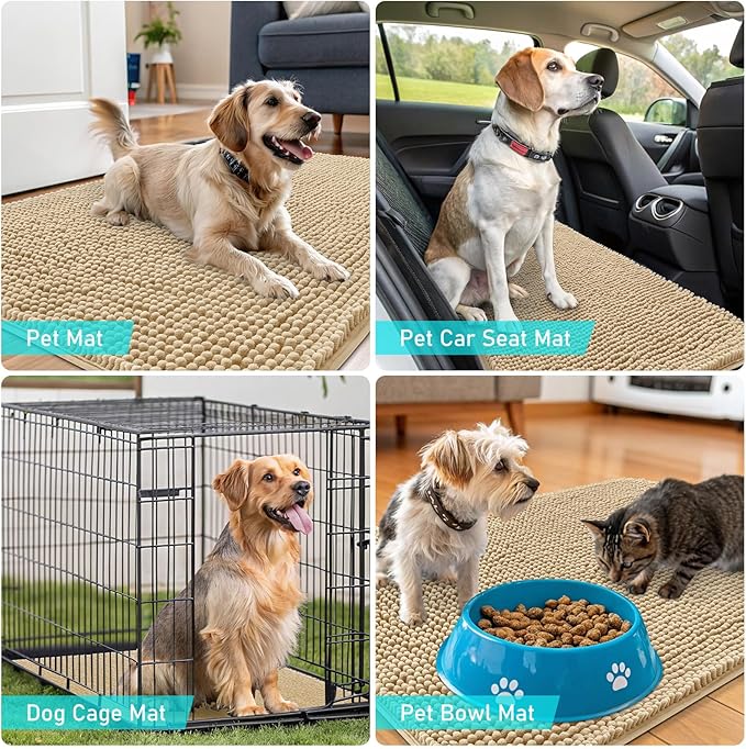 OLANLY Dog Door Mat Set 2-Piece 24x16, Absorbs Moisture and Dirt, Absorbent Non-Slip Washable Doormat, Quick Dry Chenille Mud Mat for Dogs, Entry Indoor Entryway Carpet for Inside Floor, Beige