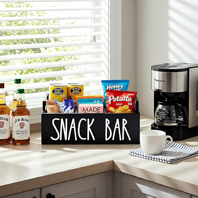 Snack Organizer for Countertop, Wood Pantry Storage Bins with Handles, Snack Bar Organizer for Pantry Shelf, Kitchen, 4 Compartment Food Container Snack Box, Pantry Organizer for Snacks, Chips(Black)