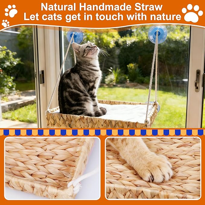 Cakhdry Cat Window Perch with Industrial-Grade Suction Cups and Ball Toy, Cat Window Hammock - 45 lbs Capacity, Handwoven Straw Sturdy Hanging Bed Seat Soft Cushion for Large Heavy Cats
