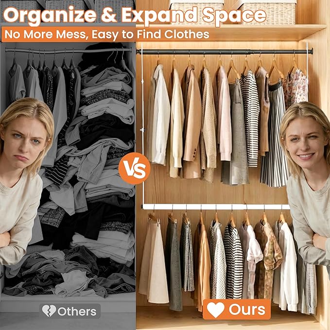 2 Pack Stepless Extender Closet Hanging Rod - Heavy Duty Closet Rods for Hanging Clothes, Adjustable Width & Height, Space-Saving White Closet Organizer for Hanging & Drying, Easy to Install