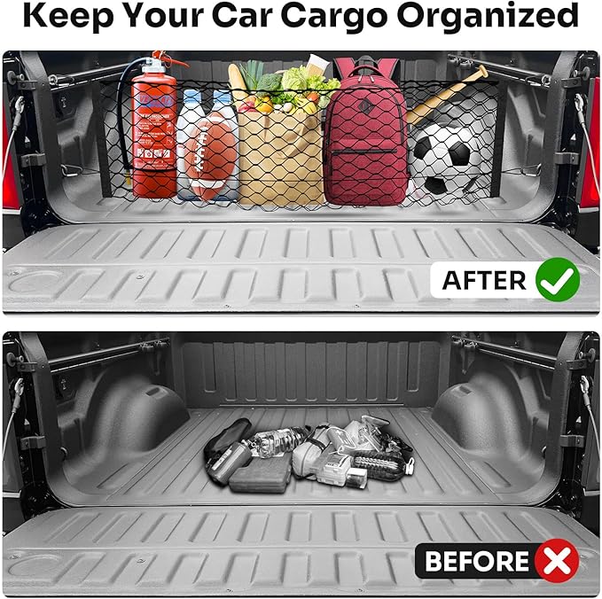 Truck Bed Cargo Net for 2019-2025 2026 Dodge Ram 1500 Accessories Envelope Style Mesh Trunk Net Organizer and Storage Stretchable Adjustable Elastic Nylon Rear Cargo Netting with Hooks