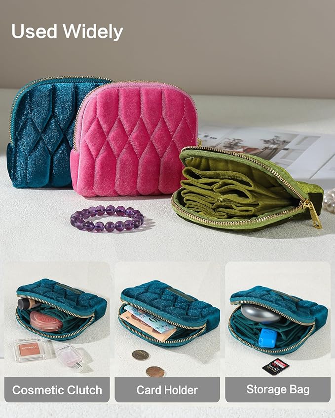 Small Travel Jewelry Case, Mini Travel Jewelry Bag with Zipper, 5-Layer Velvet Organizer Pouch for Bracelet Rings Earrings - Diamond Stitched Velvet Teal Blue
