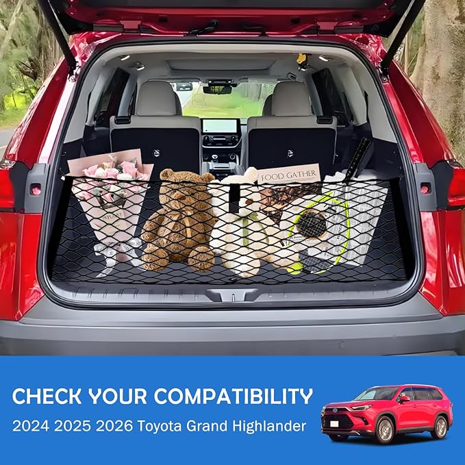 Envelope Style Cargo Net for 2024 2025 2026 Toyota Grand Highlander Accessories, Trunk SUV Mesh Cargo Net, Upgraded 5mm Bungee&Double-layer Nylon Storage Tailgate Netting Grocery&Tool Holder Organizer